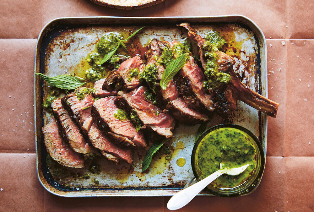 Mustard-rubbed rib eye steak with mint salsa verde