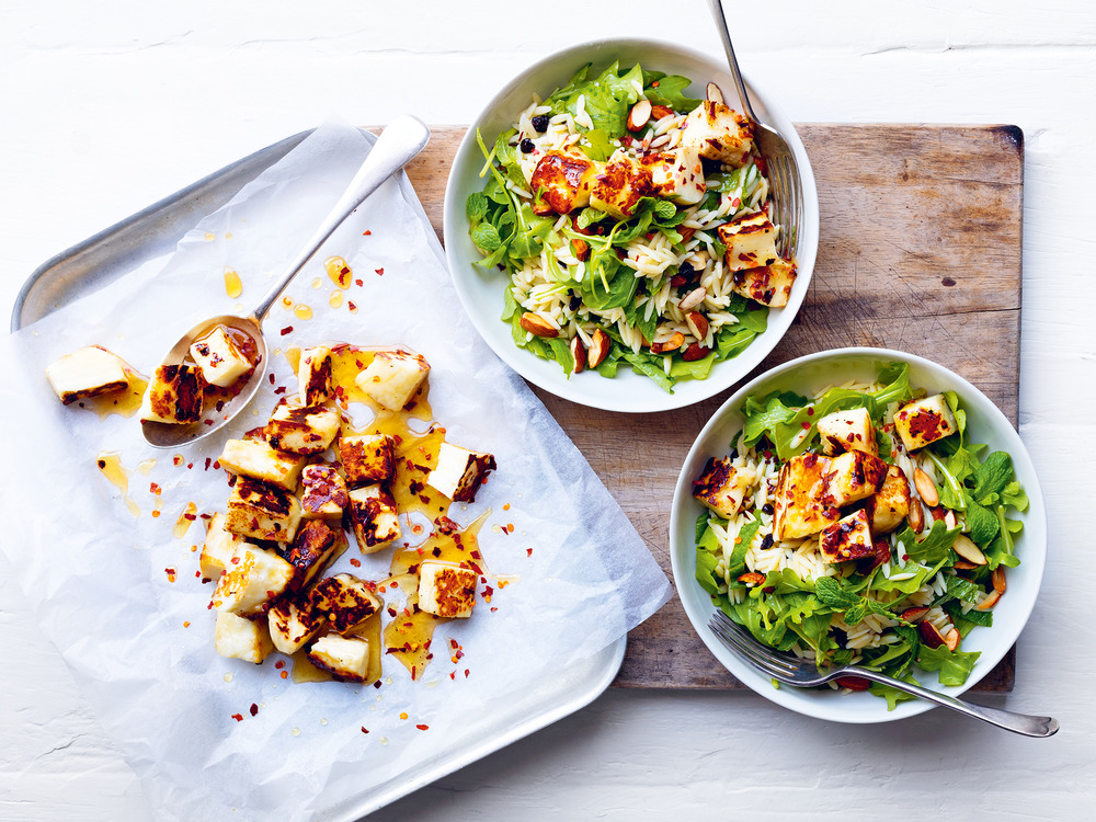 Risoni and chilli-honey haloumi salad
